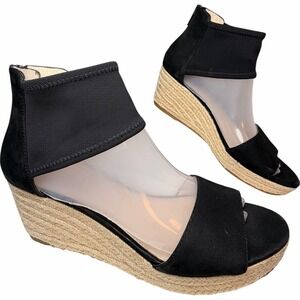 Pelle Moda Kona Black Espadrille Wedge Sandals Peep Toe Ankle Zip Size 9M